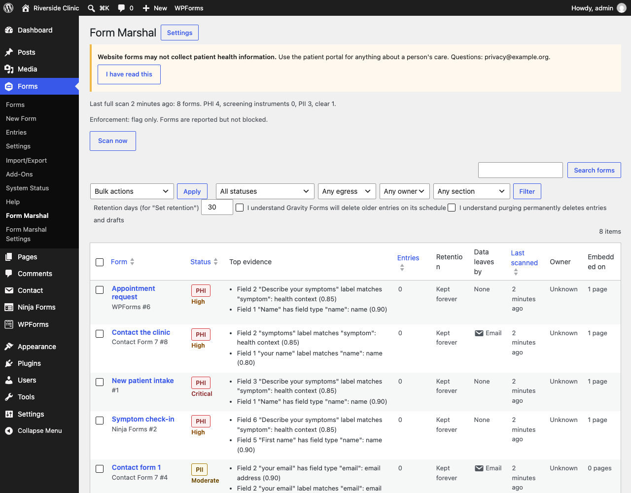Form Marshal dashboard showing form status, reasons for findings, entry counts, and data destinations.